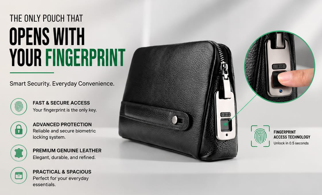 Pochette Homme à serrure Biométrique - Ouverture par Empreinte Digitale