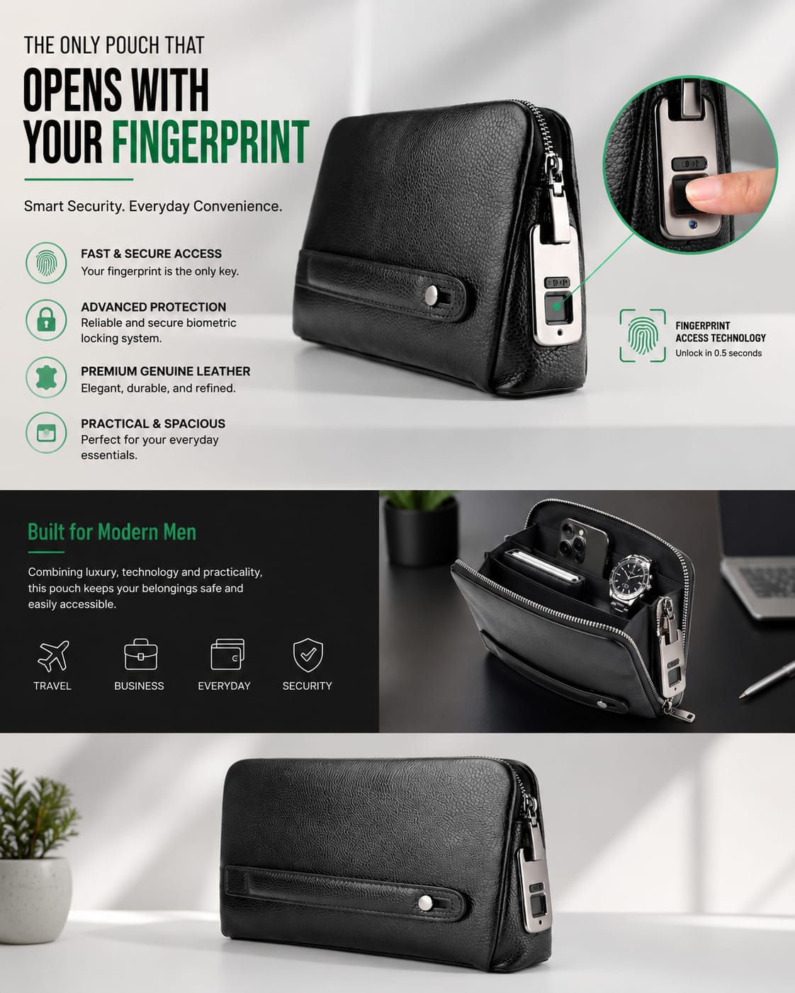 Pochette Homme à serrure Biométrique - Ouverture par Empreinte Digitale